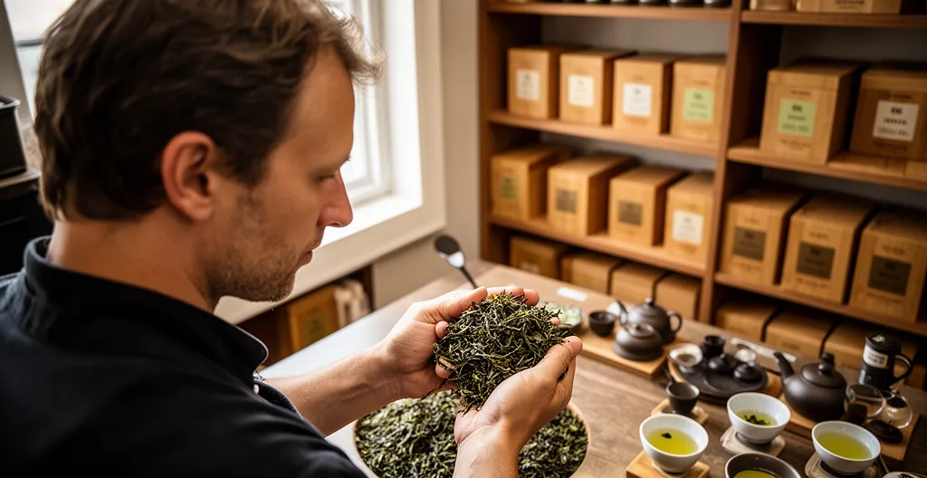 Artisan du thé examinant des feuilles de thé dans un atelier professionnel suisse