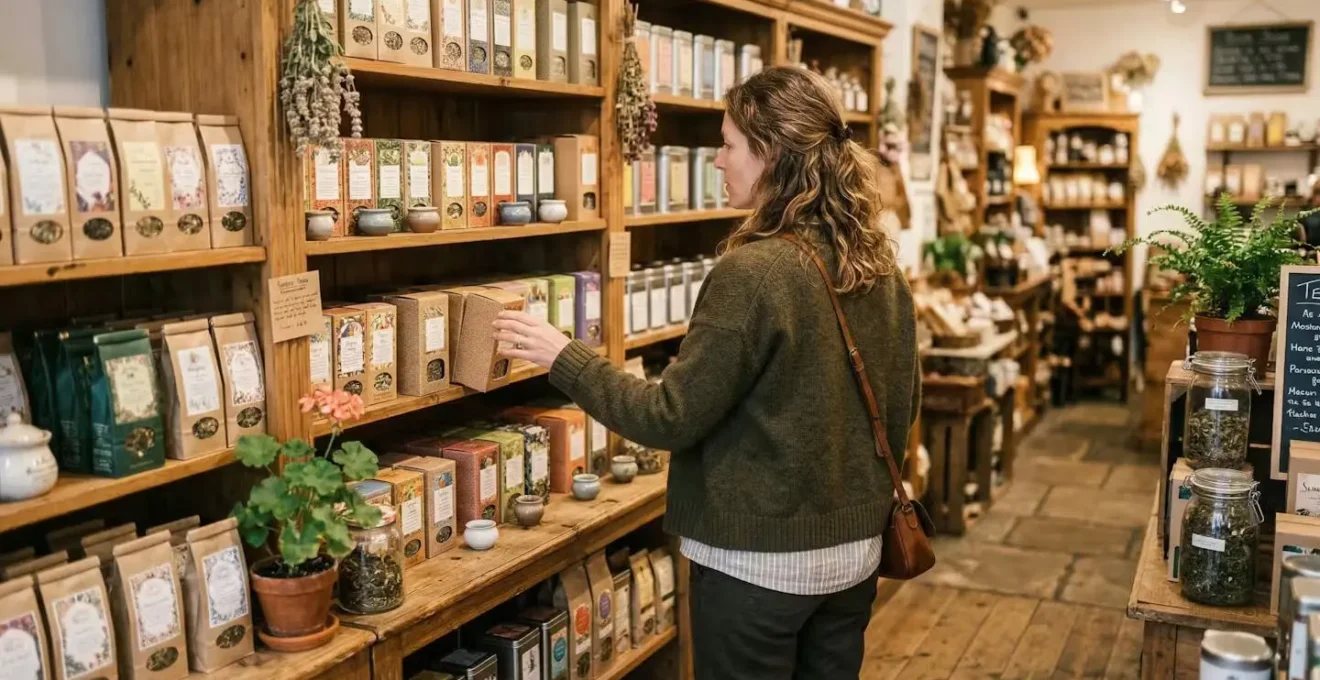 Femme consultant des thés bio dans une boutique artisanale suisse