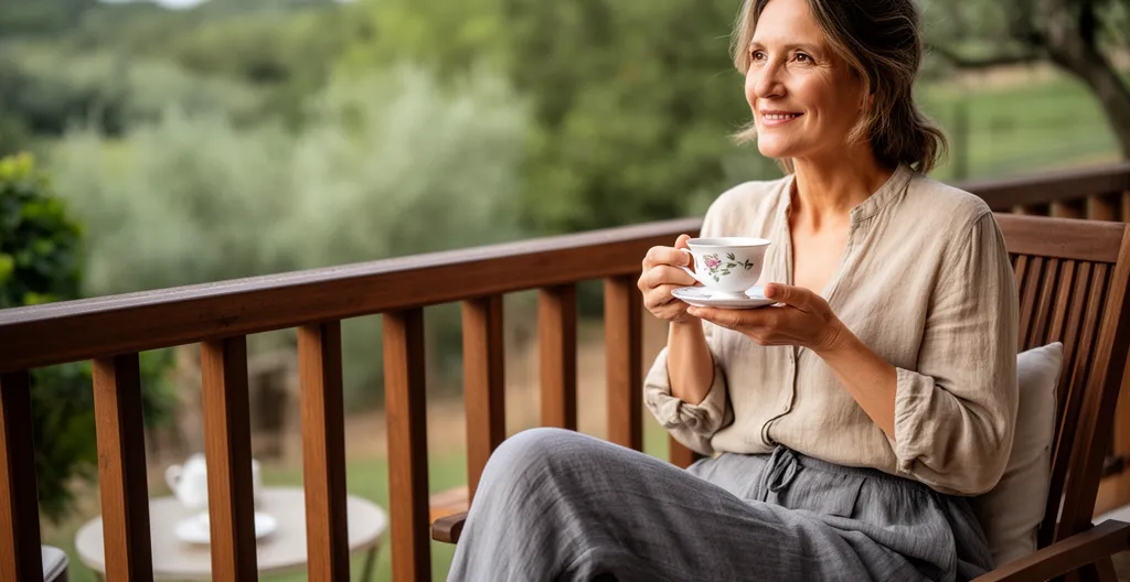 Femme savourant une tasse de thé sur terrasse avec paysage suisse en arrière-plan