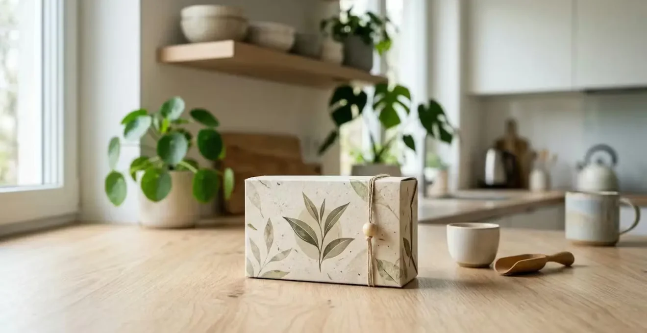 Boîte de thé bio posée sur plan de travail dans cuisine lumineuse