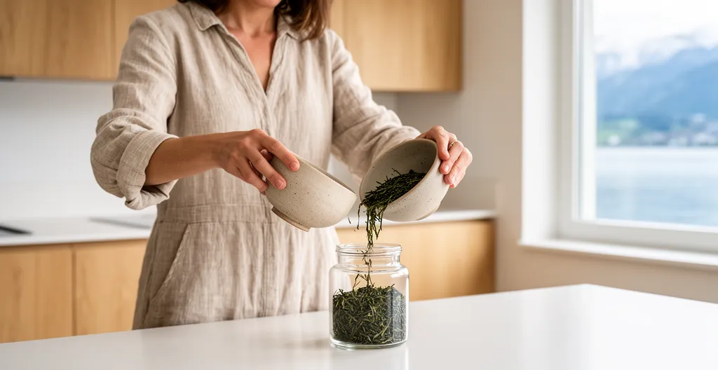 Femme versant du thé bio premium en vrac dans une boîte hermétique