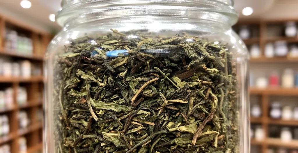 Feuilles de thé bio en vrac dans bocal en verre, texture visible des feuilles séchées