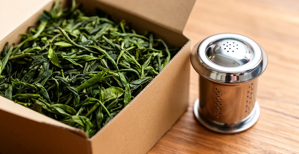 Feuilles de thé bio entières dans boîte avec infuseur