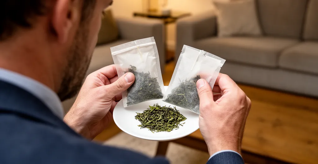 Comparaison visuelle de deux sachets de thé bio ouverts