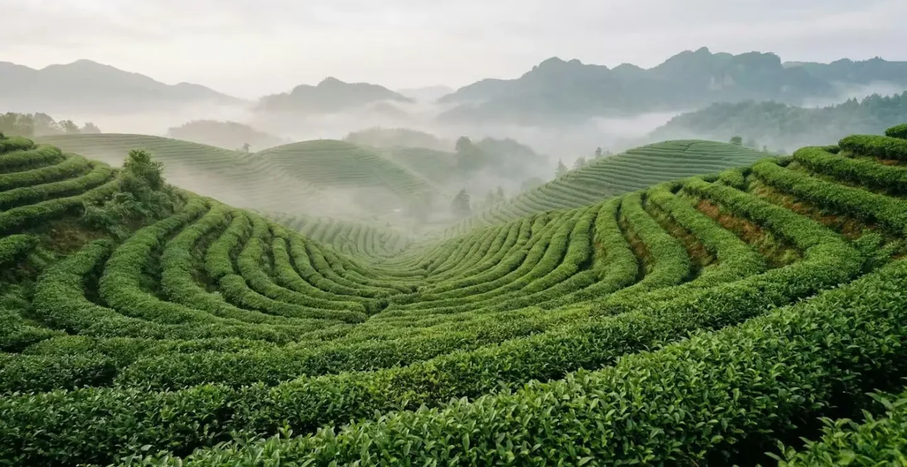 Plantation de thé bio avec rangées de théiers sur collines verdoyantes