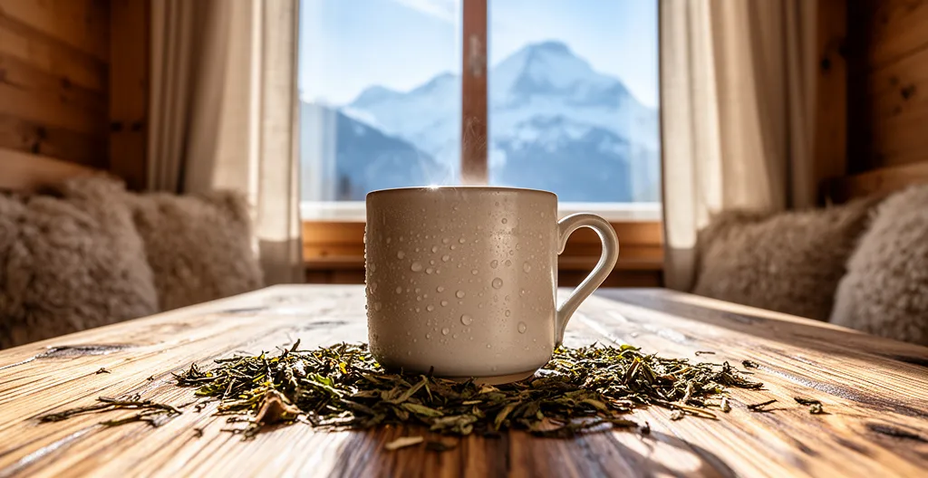 Tasse de thé bio fumante sur table en bois avec feuilles de thé séchées, intérieur chaleureux suisse