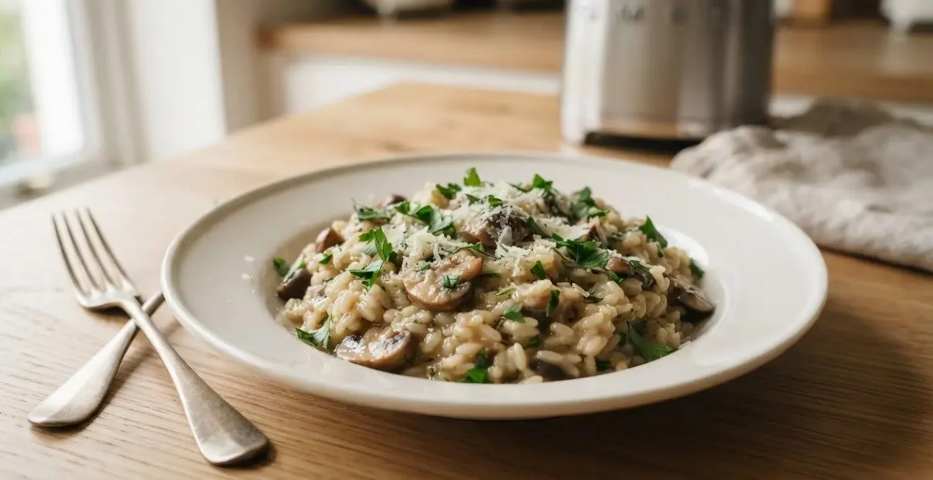Assiette de risotto crémeux aux champignons avec texture parfaite, garni de persil et parmesan, blender chauffant visible en arrière-plan