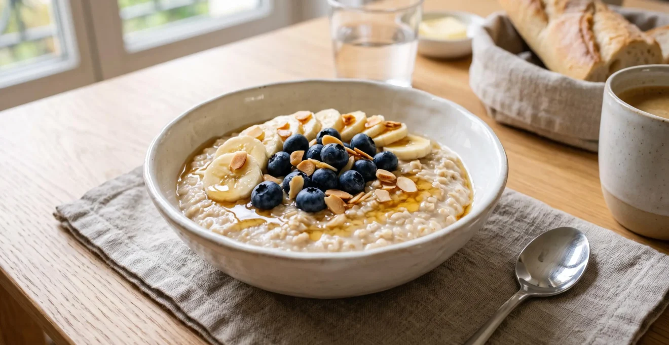 Bol de porridge crémeux garni de tranches de banane, myrtilles fraîches et amandes effilées, dans ambiance petit-déjeuner matinal lumineux