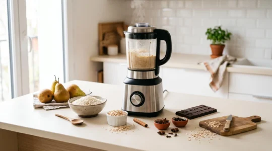 Plan de travail de cuisine moderne avec blender chauffant en fonctionnement entouré d'ingrédients variés : riz arborio, poires fraîches, épices et flocons d'avoine disposés naturellement
